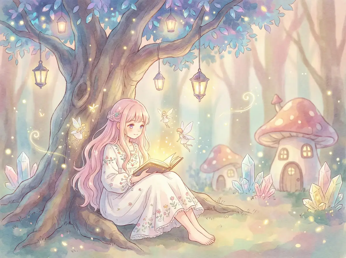 我爱熟女 - 魔法森林中阅读故事书的粉发少女与精灵